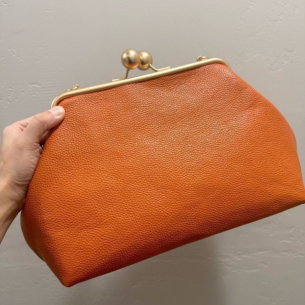 Orange Pebble Leather Handmade Vintage Style Extra Large Kisslock Frame Bag - Picture 9 of 16